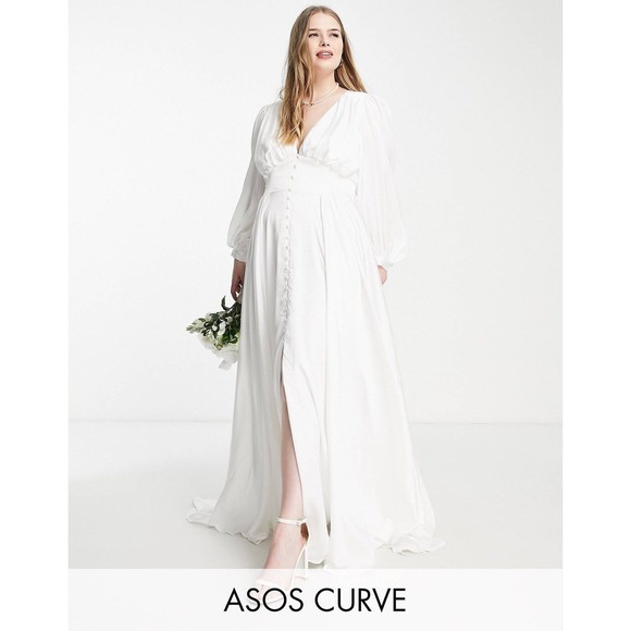 ASOS Design Bridal Curve Alyssa Satin Long Sleeve Wedding dress NWT Size 10 - Picture 1 of 12